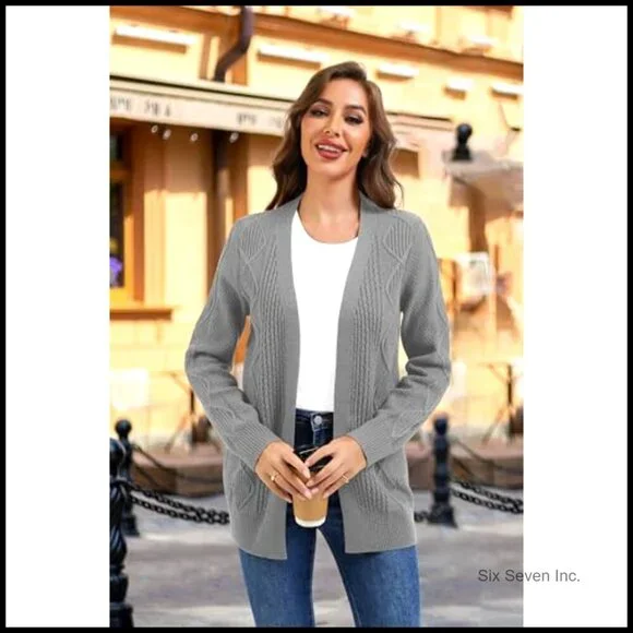 Cable Knit Chunky Cardigan V Neck Open Front Sweater Coat with Pockets - Picture 2 of 7